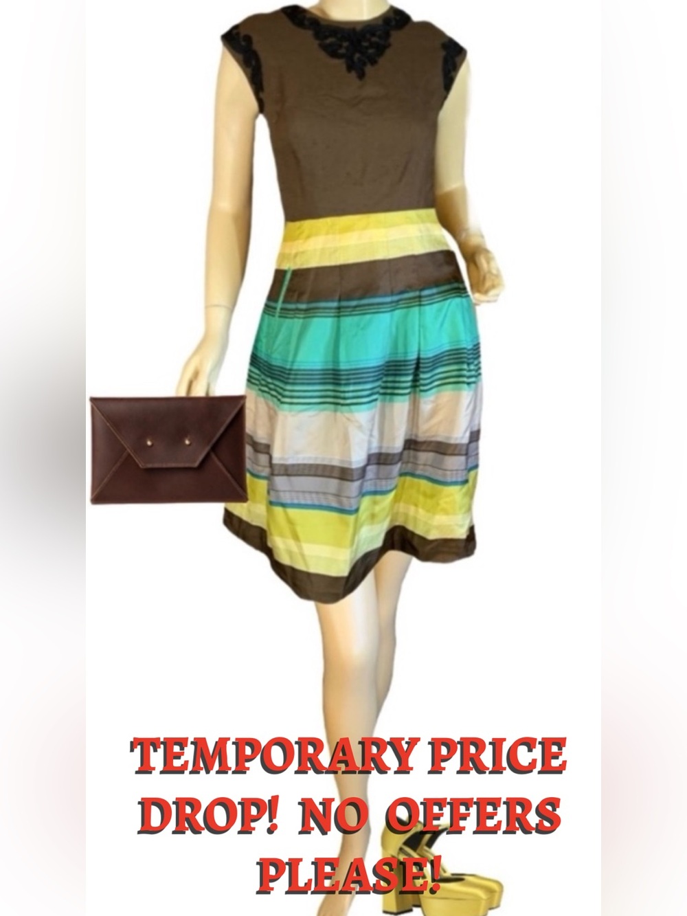 BANANA REPPUBLIC GREEN , BROWN & BLUE STRIPE SILK ROUND SKIRT NWT (8)
